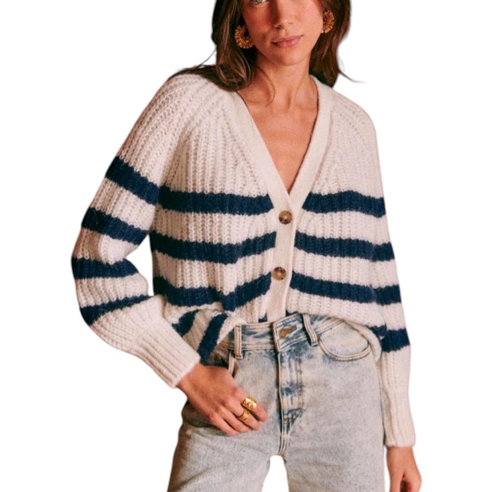 NWOT Sezane Basile Cardigan in White Navy Blue Stripe Size Large